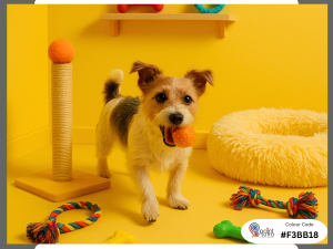 A vibrant yellow pet play zone with chew toys, a scratching post, and a fluffy dog bed. The walls are a warm, buttery yellow, enhancing the playful mood. A small terrier happily plays with a rubber ball, surrounded by bright, cheerful accents.